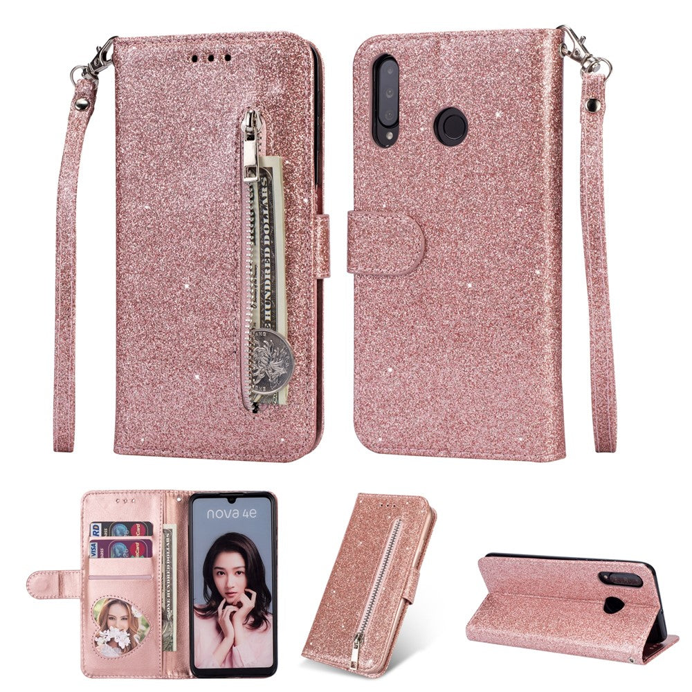 Glitter Powder Zippered Stand Leather Wallet Case with Strap for Huawei P30 Lite / nova 4e