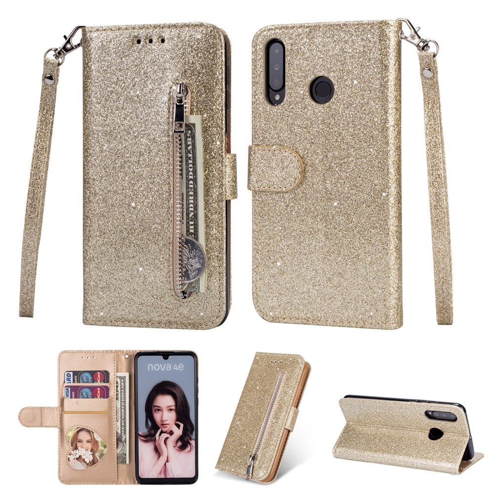 Glitter Powder Zippered Stand Leather Wallet Case with Strap for Huawei P30 Lite / nova 4e