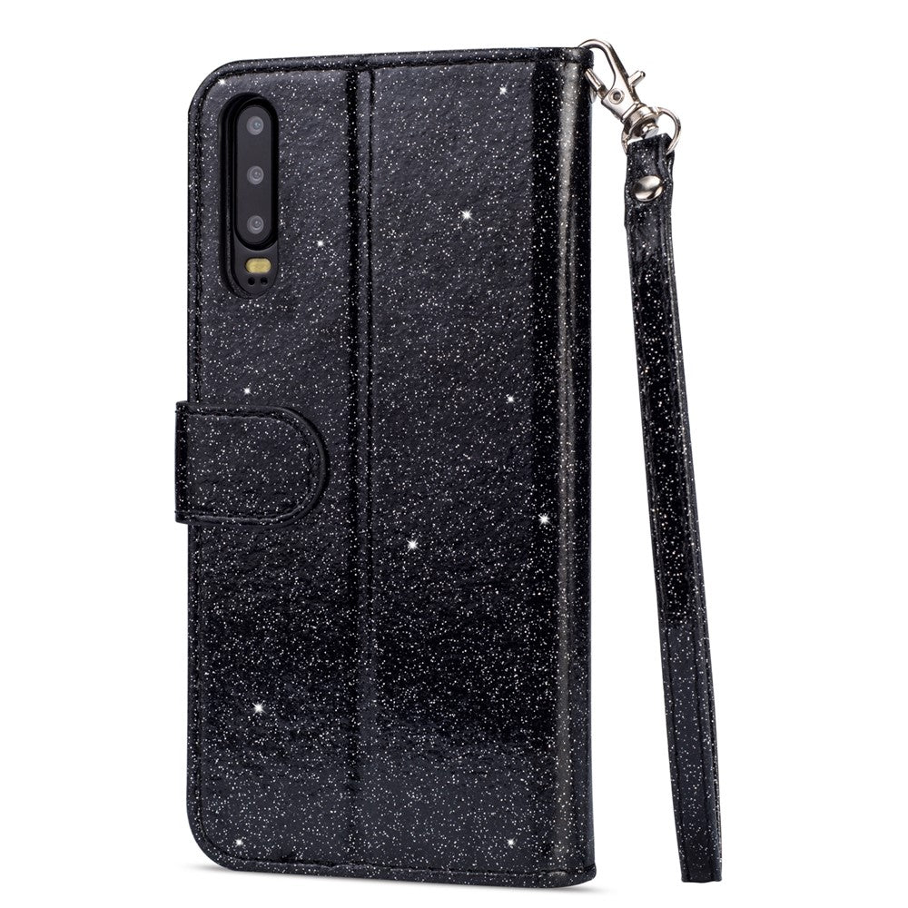 Glitterpuderfärgat läderfodral med dragkedja och stativ för Huawei P30