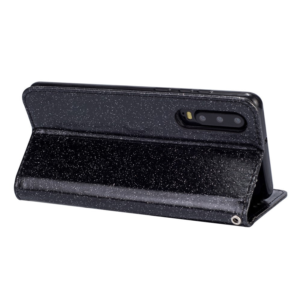 Glitterpuderfärgat läderfodral med dragkedja och stativ för Huawei P30
