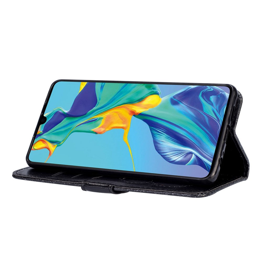 Glitterpuderfärgat läderfodral med dragkedja och stativ för Huawei P30