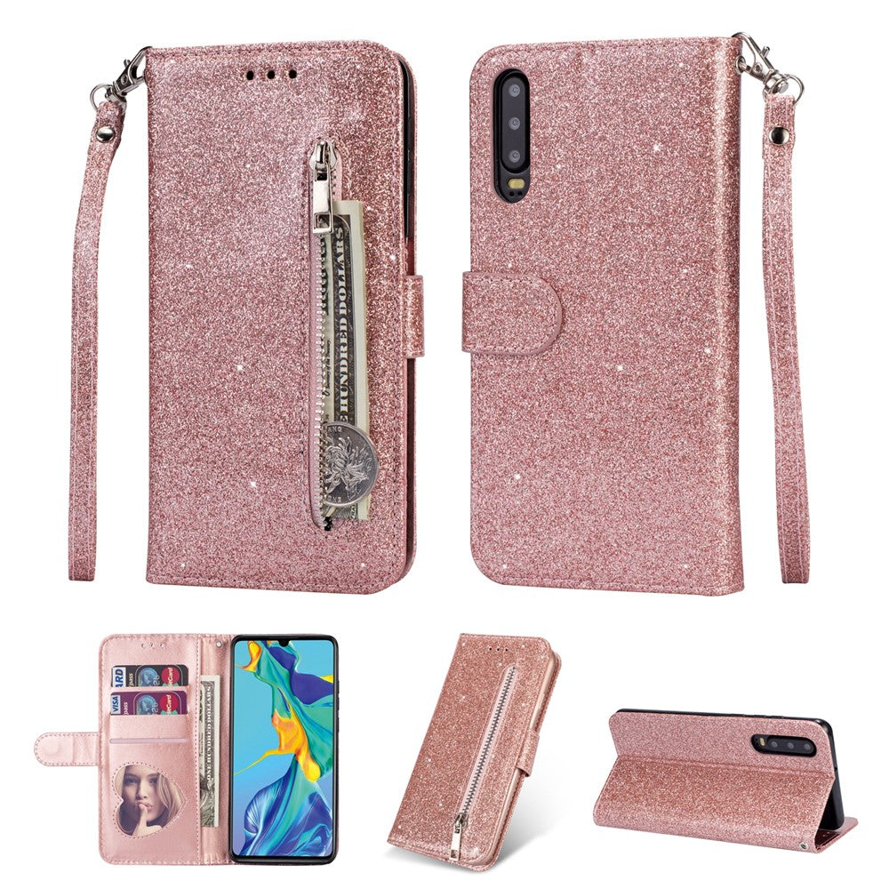 Glitterpuderfärgat läderfodral med dragkedja och stativ för Huawei P30