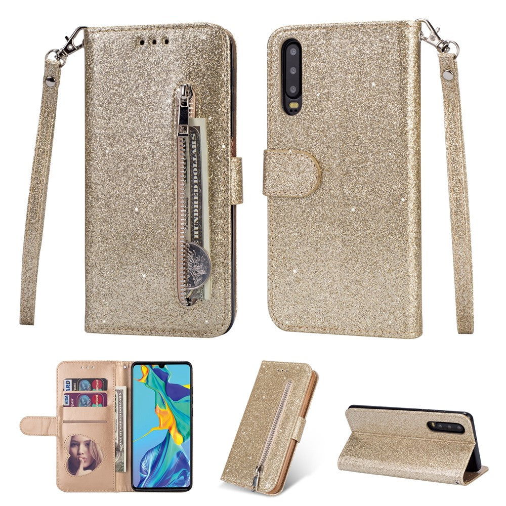 Glitterpuderfärgat läderfodral med dragkedja och stativ för Huawei P30