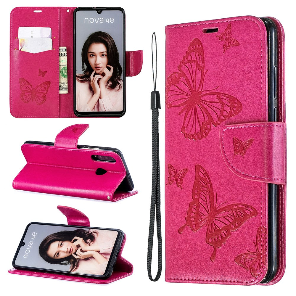 Imprint Butterfly PU Leather Wallet Flip Case with Strap for Huawei P30 Lite / nova 4e / P30 Lite New Edition