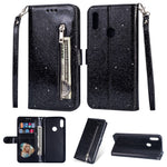 Glitter Powder Zippered Stand Leather Wallet Casing with Strap for Huawei Y7 (2019)/Y7 Pro (2019)/Enjoy 9