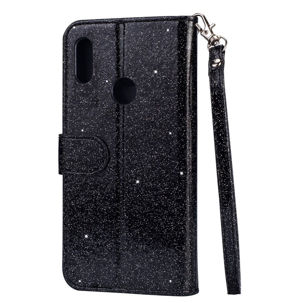 Glitter Powder Zippered Stand Leather Wallet Casing with Strap for Huawei Y7 (2019)/Y7 Pro (2019)/Enjoy 9