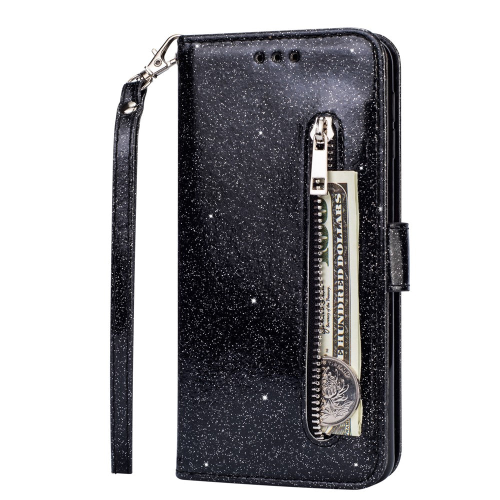 Glitter Powder Zippered Stand Leather Wallet Casing with Strap for Huawei Y7 (2019)/Y7 Pro (2019)/Enjoy 9