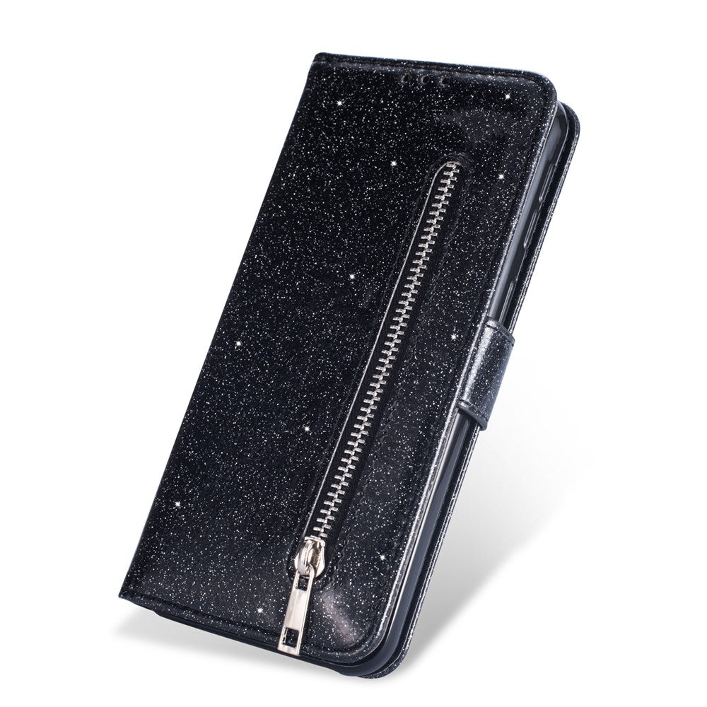 Glitter Powder Zippered Stand Leather Wallet Casing with Strap for Huawei Y7 (2019)/Y7 Pro (2019)/Enjoy 9