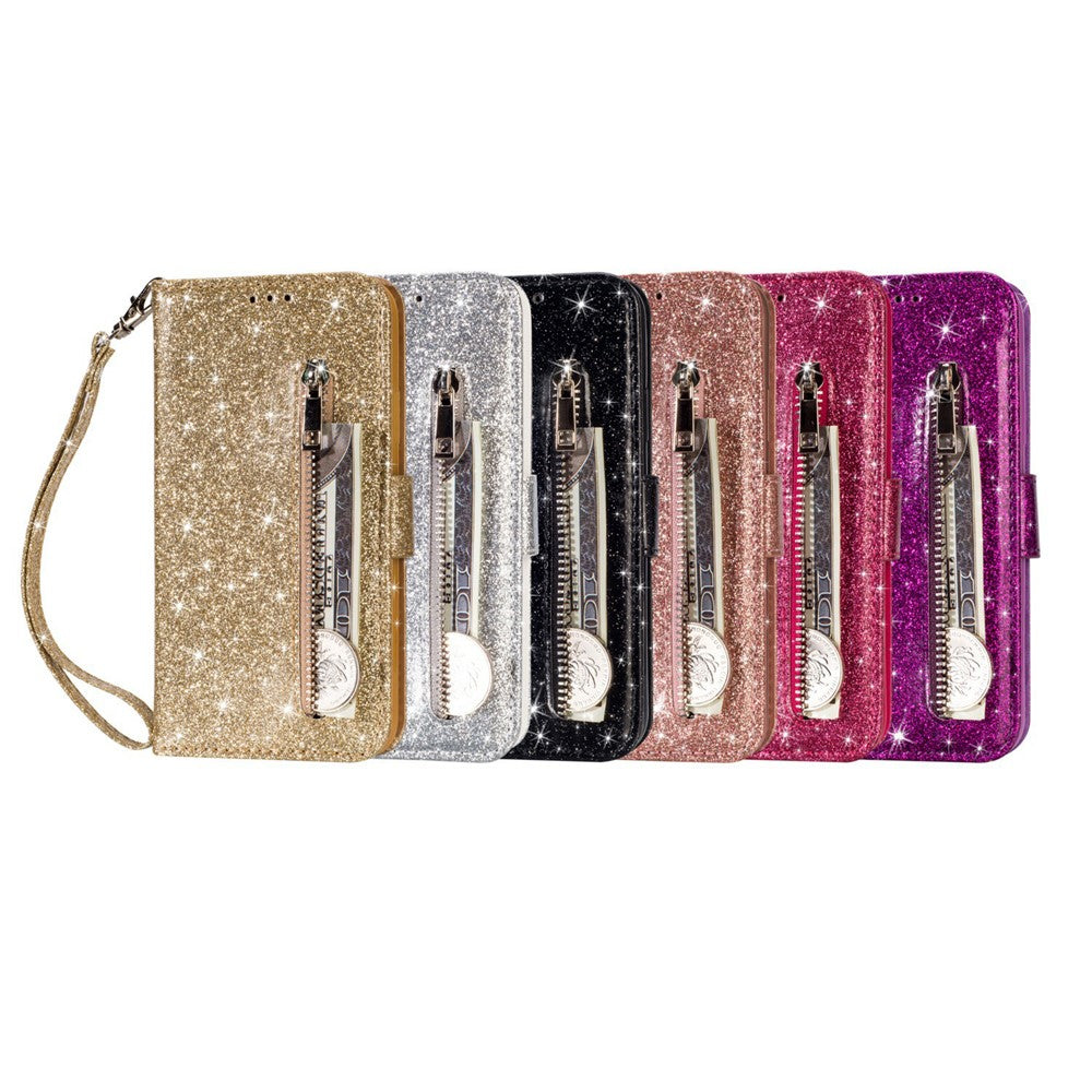 Glitter Powder Zippered Stand Leather Wallet Casing with Strap for Huawei Y7 (2019)/Y7 Pro (2019)/Enjoy 9