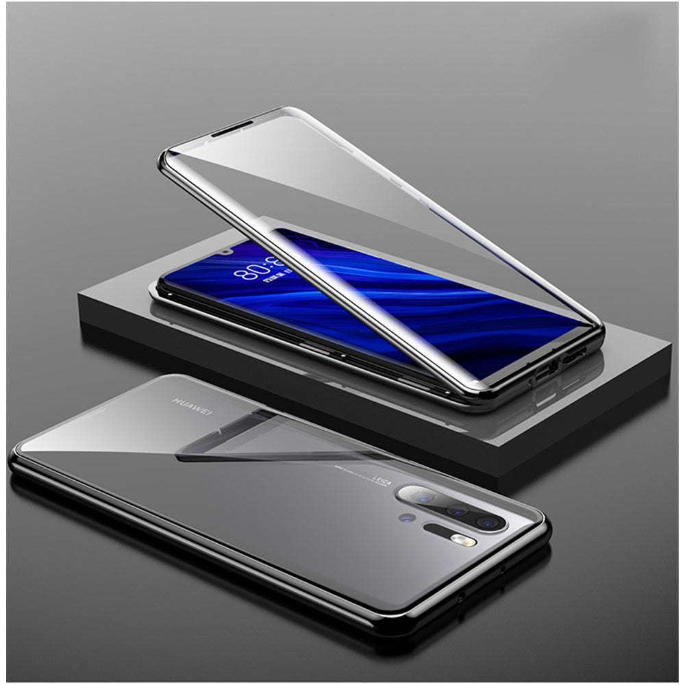 Magnetisk montering i metallram + Dubbelsidigt skyddande mobilmobilskal i härdat glas för Huawei P30 Pro
