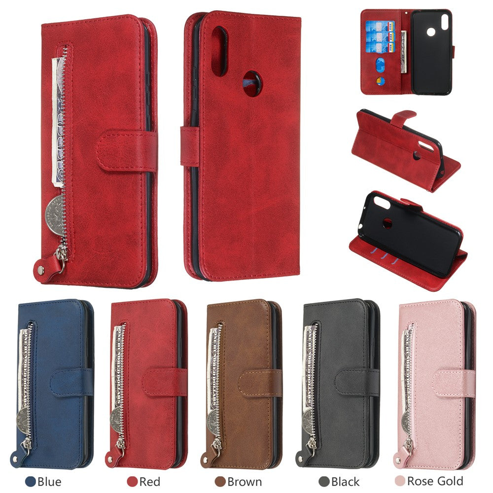 Læderpung med lynlåslomme og standfunktion til Huawei Y6 (2019, med fingeraftrykssensor)/Y6 Prime (2019)/Honor 8A
