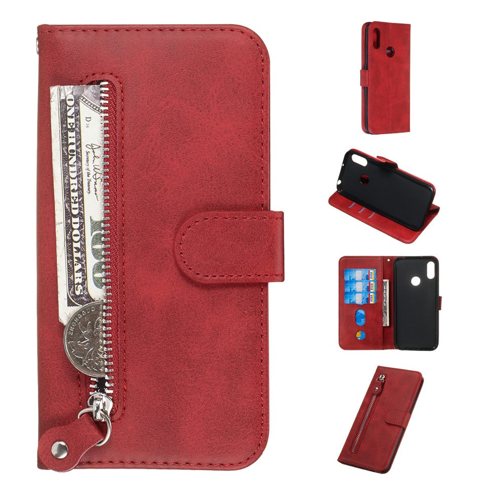 Zipper Pocket Leather Wallet Stand Phone Case for Huawei Y6 (2019, with Fingerprint Sensor)/Y6 Prime (2019)/Honor 8A
