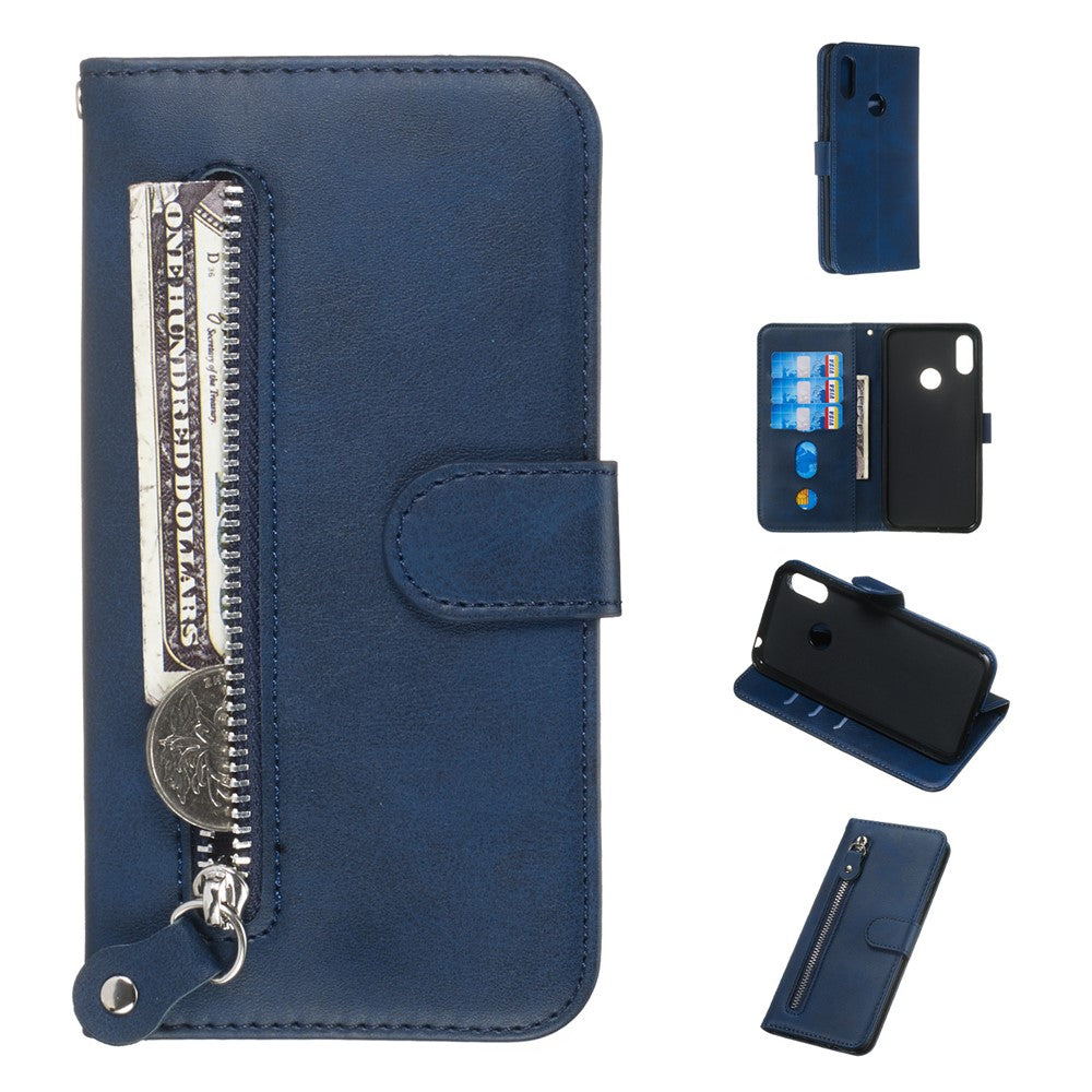 Læderpung med lynlåslomme og standfunktion til Huawei Y6 (2019, med fingeraftrykssensor)/Y6 Prime (2019)/Honor 8A