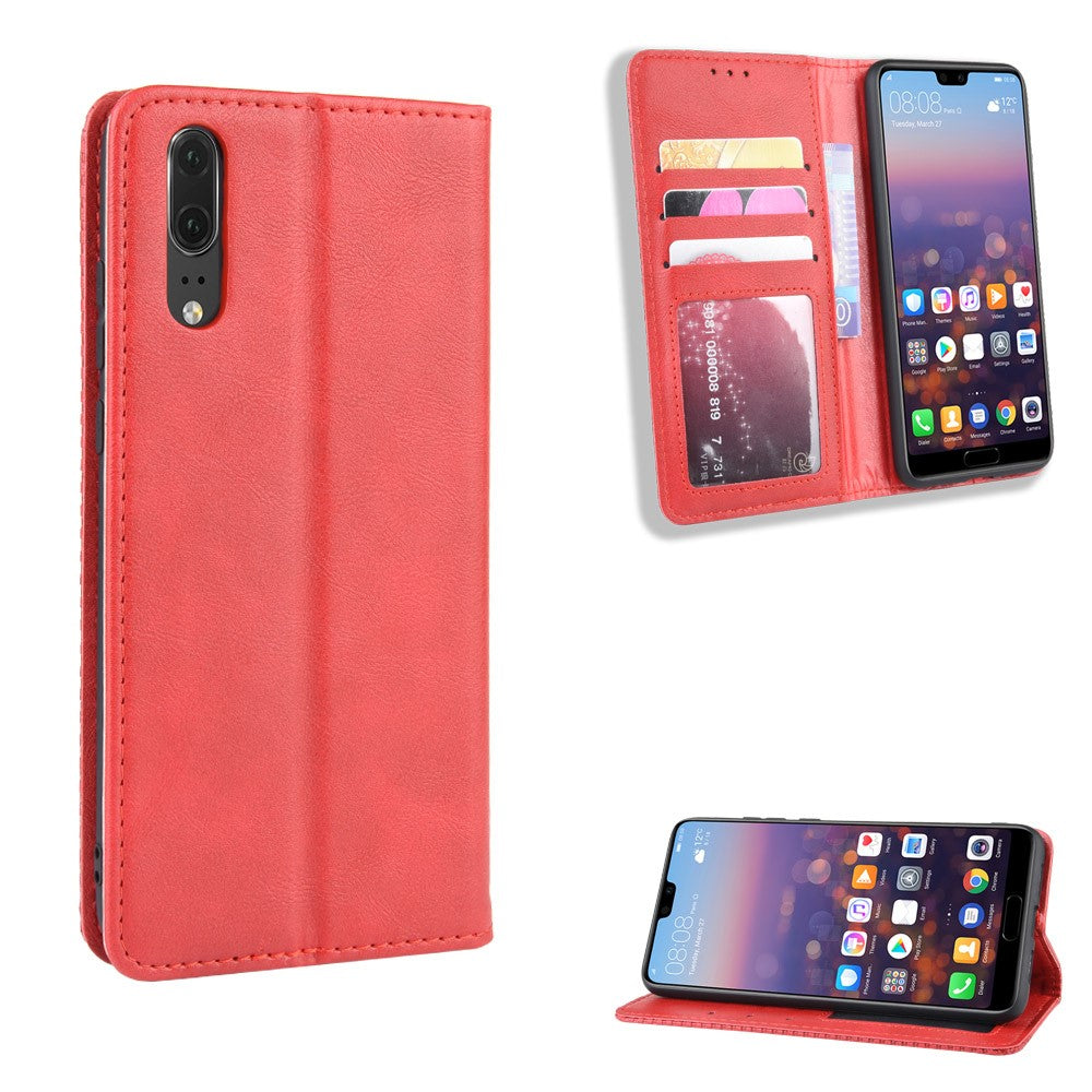 Retro PU-läder plånboksfodral till mobil med stativ till Huawei P20