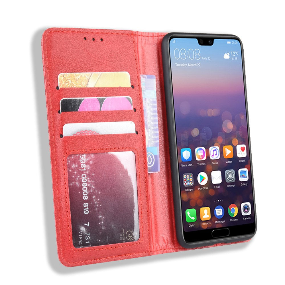Retro PU-läder plånboksfodral till mobil med stativ till Huawei P20