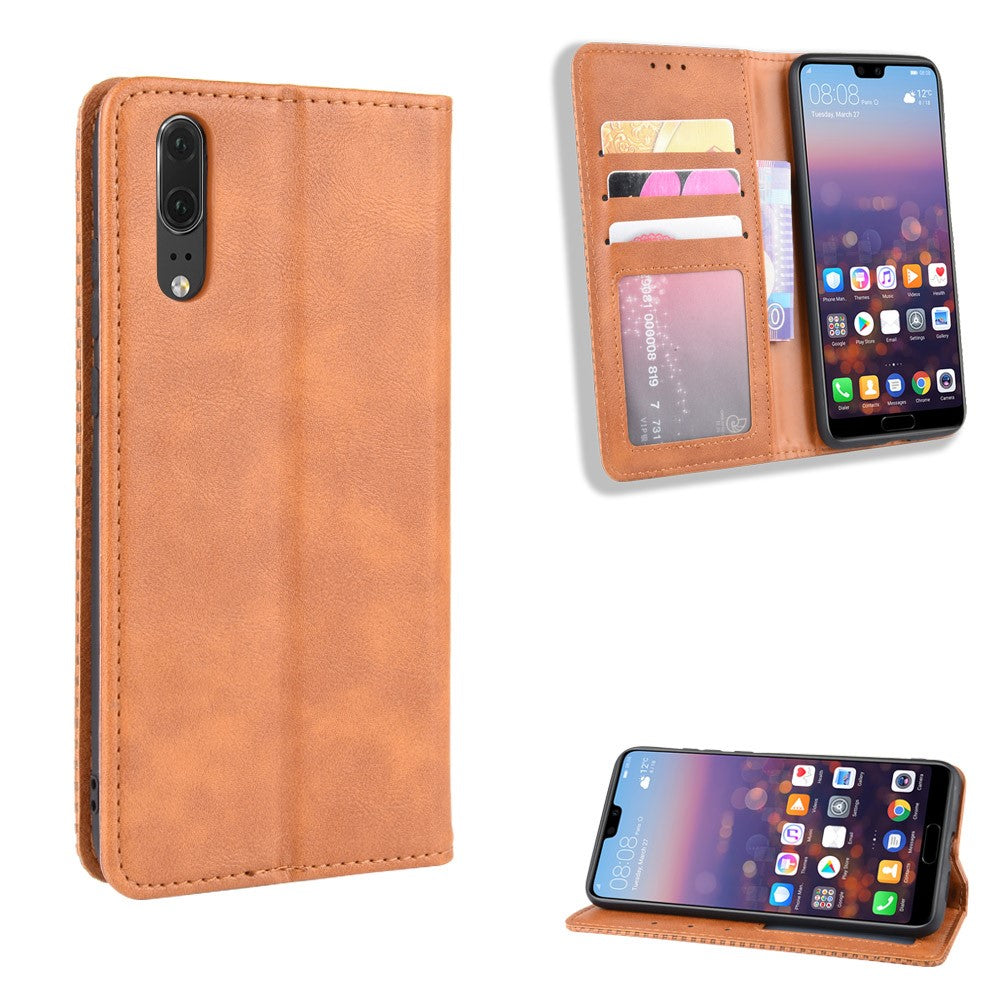 Retro PU-läder plånboksfodral till mobil med stativ till Huawei P20