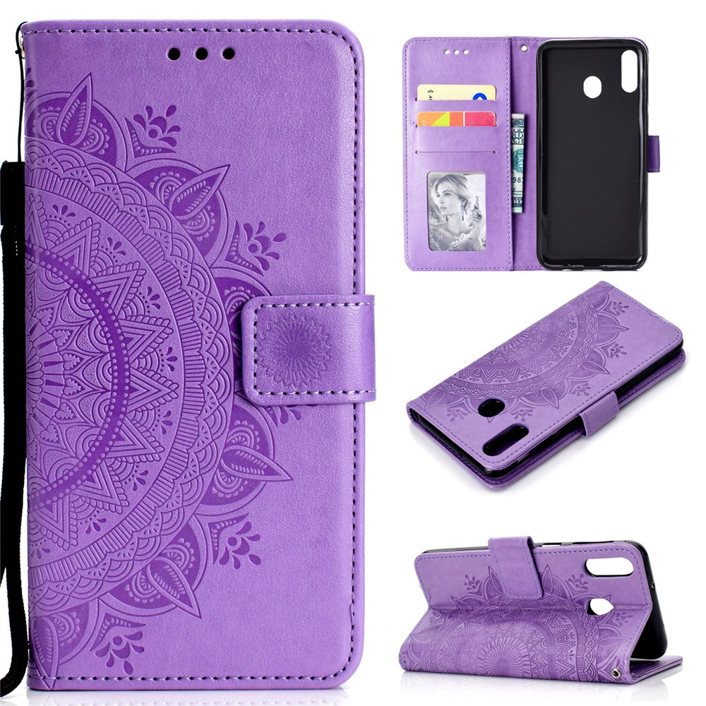 Läderfodral med stativ i läder med tryckmönster och blommotiv för Huawei P40 lite E / Y7p
