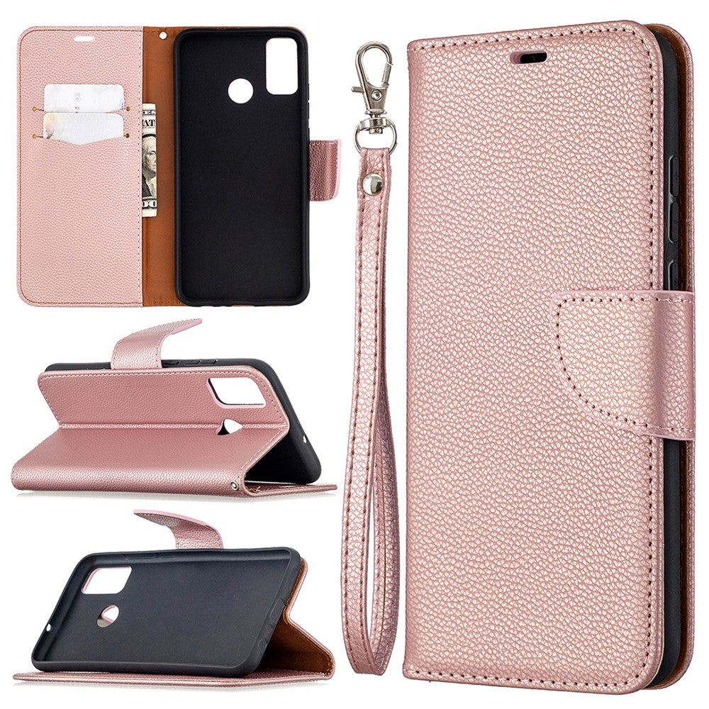 Litchi Texture Wallet Stand Leather Cover with Strap for Honor 9X Lite