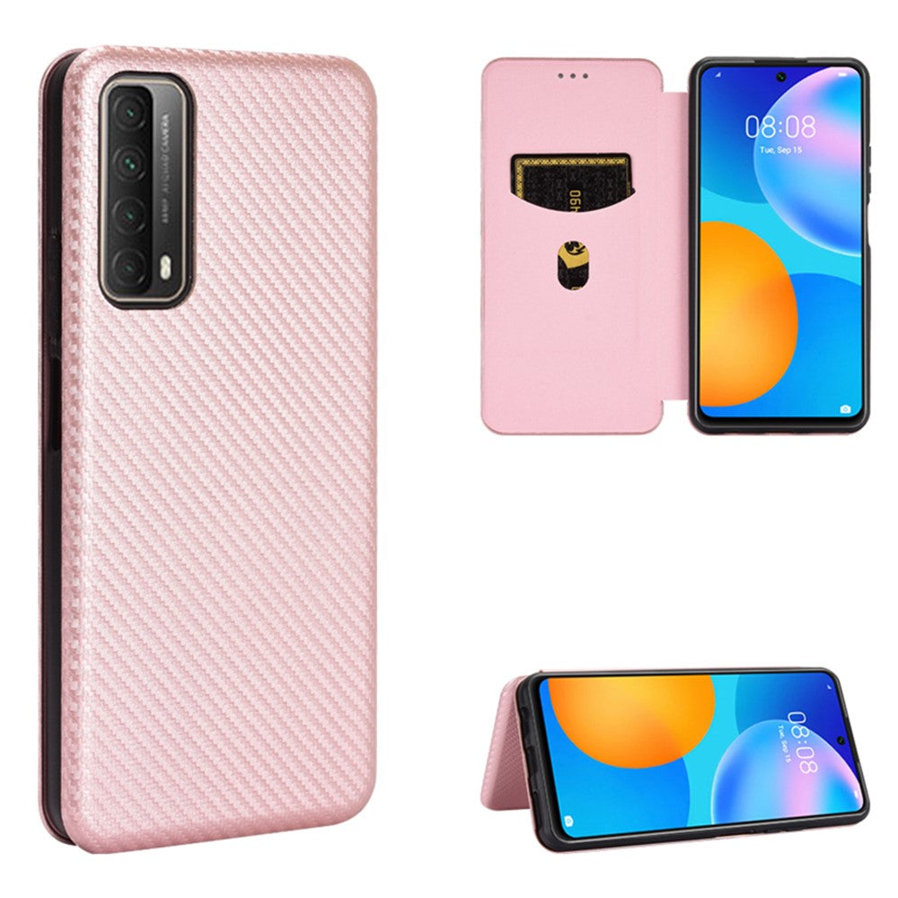 Auto-absorbed Carbon Fiber Texture Shell for Huawei P smart 2021/Y7a Stand Leather Case