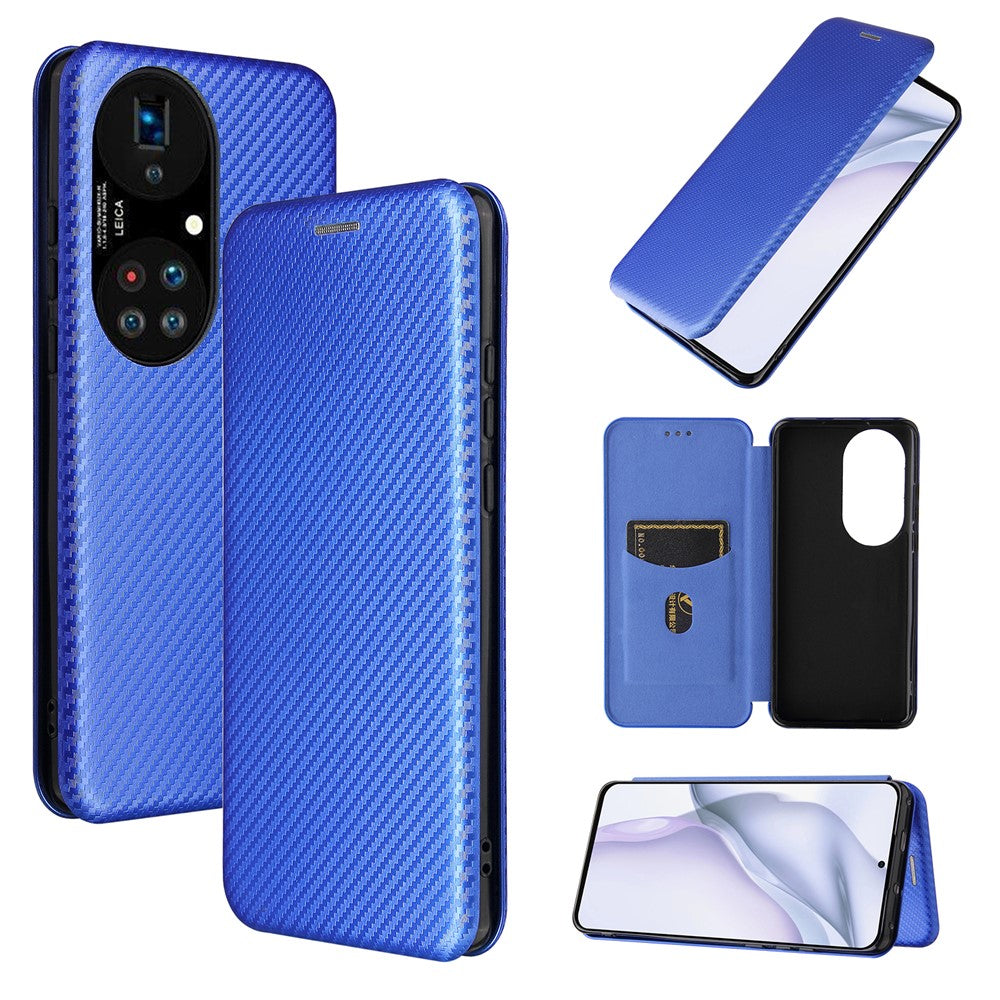 For Huawei P50 Pro Auto-absorbed Leather Cover Carbon Fiber Texture, with Detachable Ring Kickstand Strap