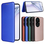 For Huawei P50 Pro Auto-absorbed Leather Cover Carbon Fiber Texture, with Detachable Ring Kickstand Strap