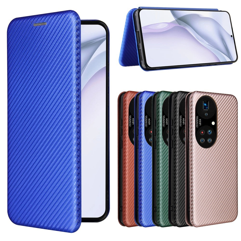 For Huawei P50 Pro Auto-absorbed Leather Cover Carbon Fiber Texture, with Detachable Ring Kickstand Strap