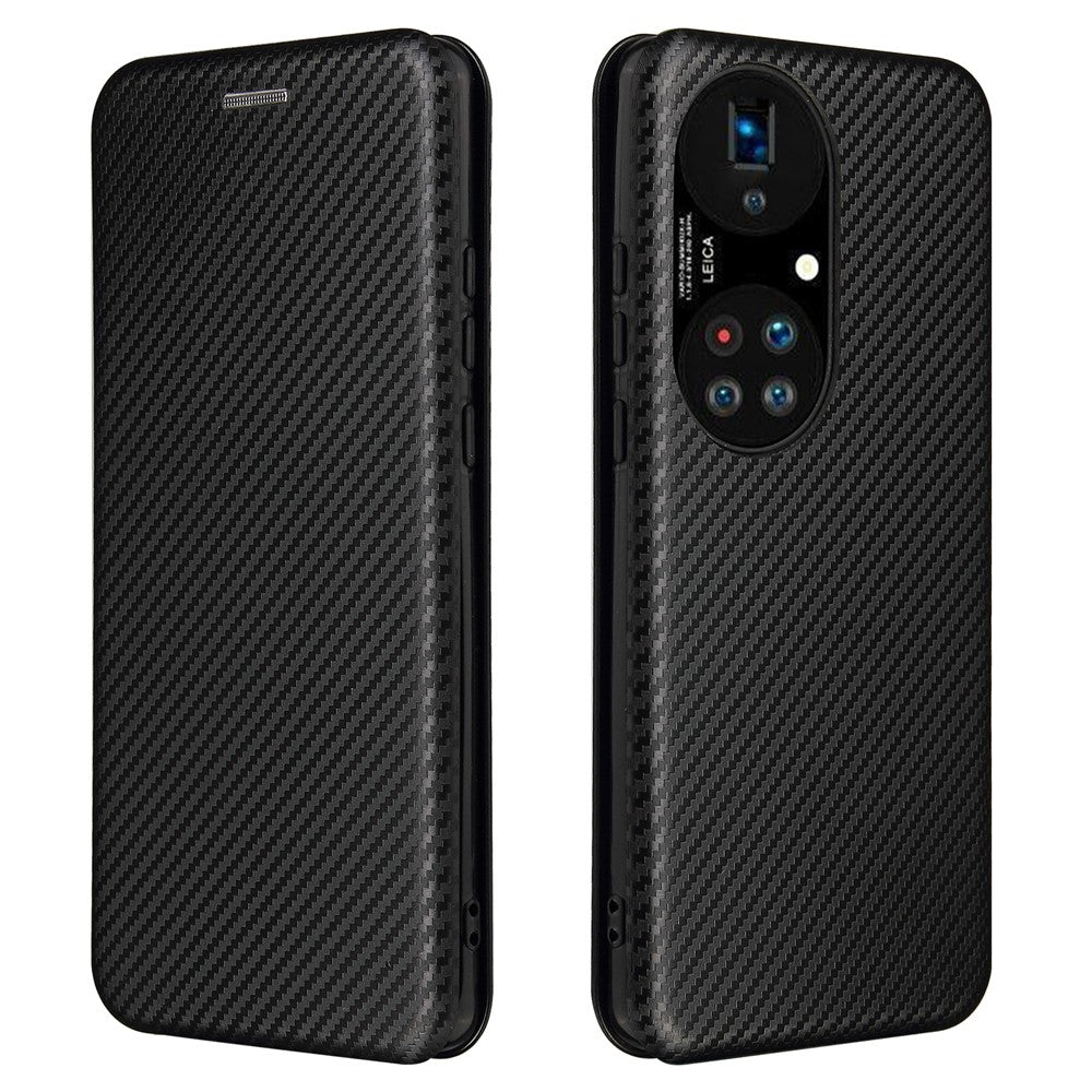 For Huawei P50 Pro Auto-absorbed Leather Cover Carbon Fiber Texture, with Detachable Ring Kickstand Strap