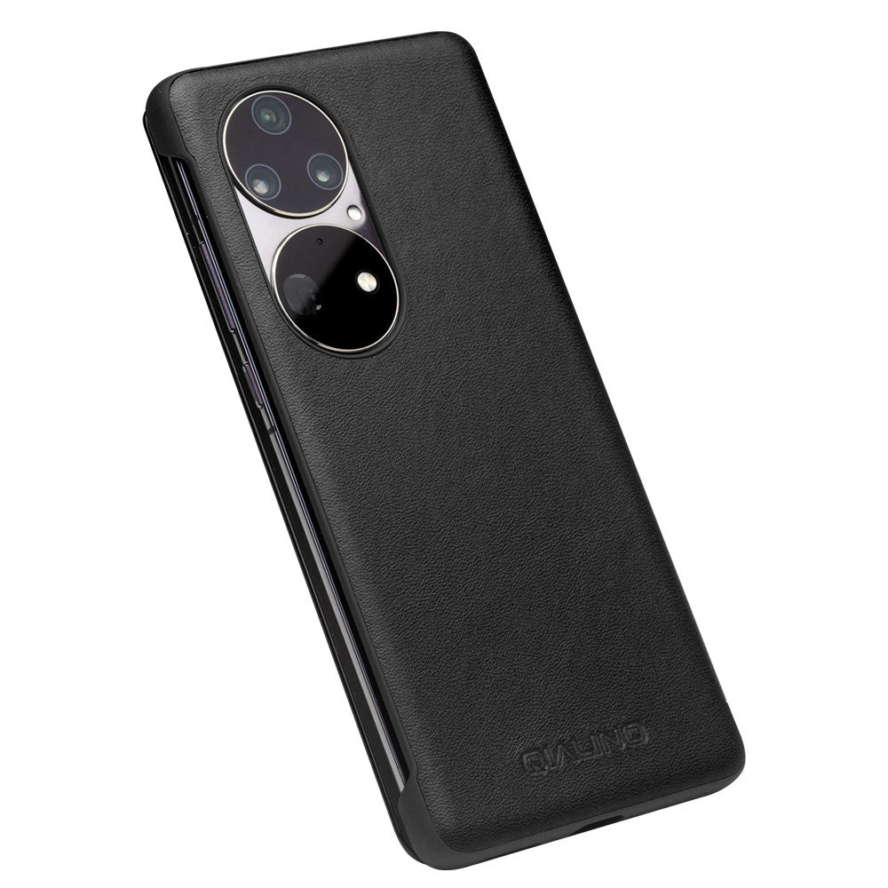QIALINO Översta Lager Kohudläder mobilskal med Fönster för Huawei P50 Pro