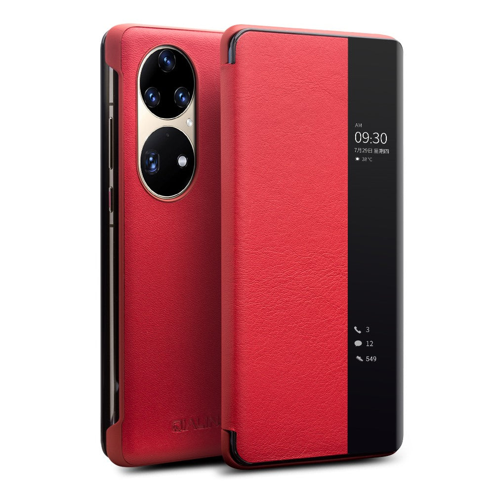 QIALINO Översta Lager Kohudläder mobilskal med Fönster för Huawei P50 Pro