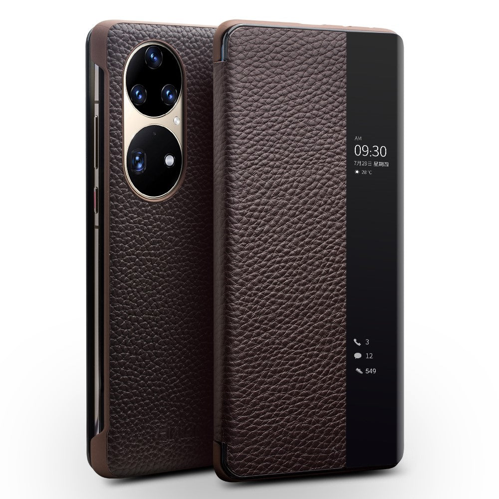 QIALINO Översta Lager Kohudläder mobilskal med Fönster för Huawei P50 Pro