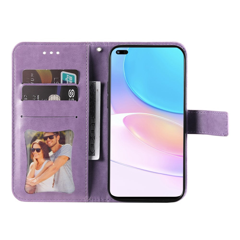 Practical Flip Shell Card Slots Imprinted Flower Pattern TPU+PU Leather Stand Wallet Cover Case with Lanyard for Huawei nova 8i/Honor 50 Lite