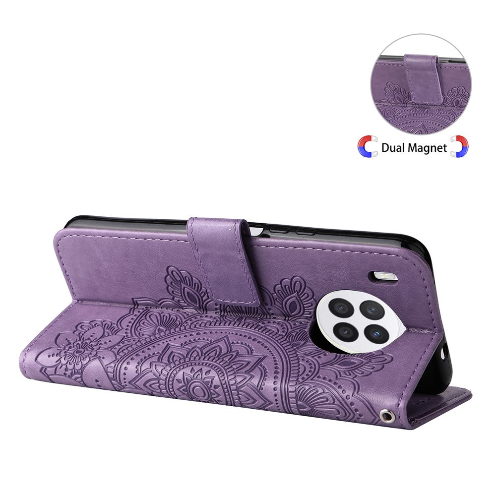 Practical Flip Shell Card Slots Imprinted Flower Pattern TPU+PU Leather Stand Wallet Cover Case with Lanyard for Huawei nova 8i/Honor 50 Lite