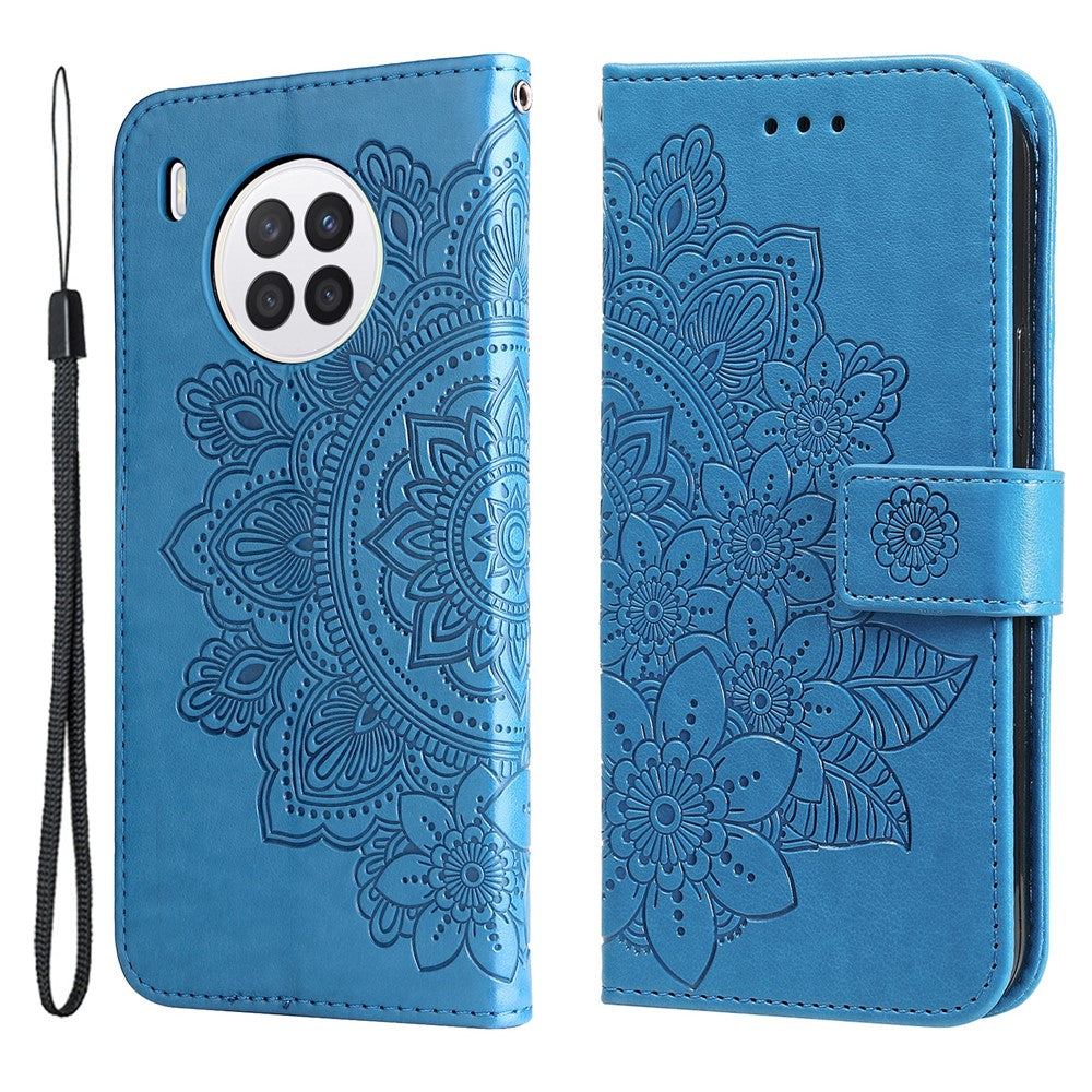 Practical Flip Shell Card Slots Imprinted Flower Pattern TPU+PU Leather Stand Wallet Cover Case with Lanyard for Huawei nova 8i/Honor 50 Lite