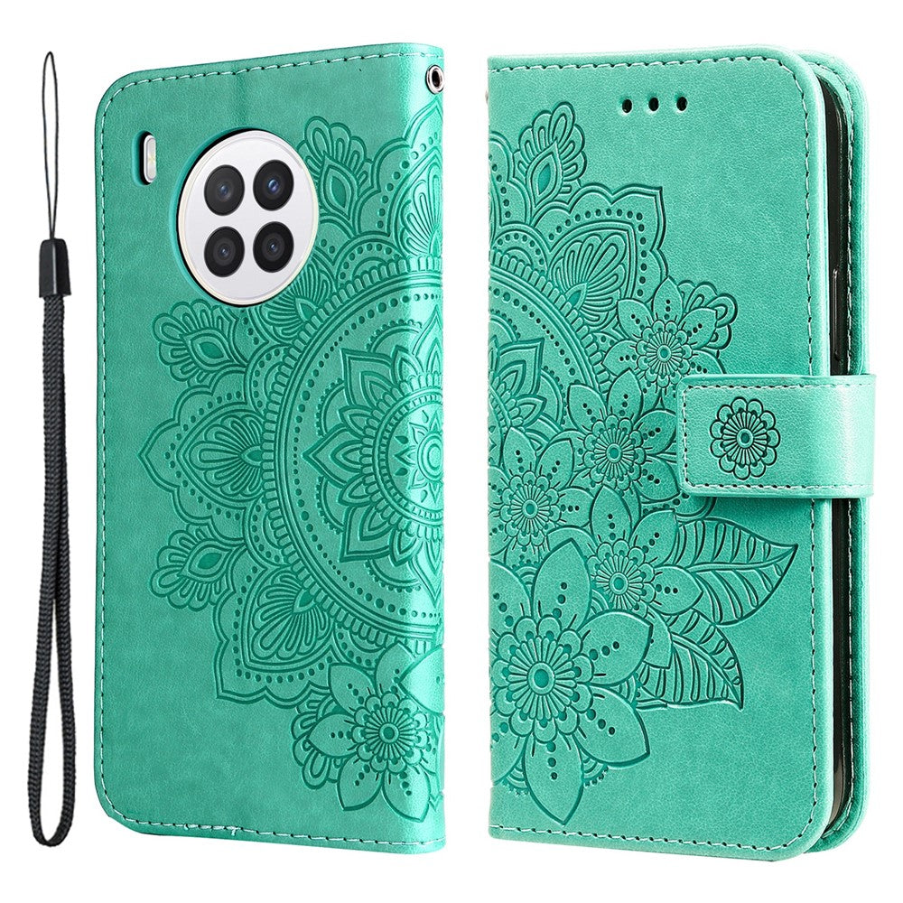 Practical Flip Shell Card Slots Imprinted Flower Pattern TPU+PU Leather Stand Wallet Cover Case with Lanyard for Huawei nova 8i/Honor 50 Lite