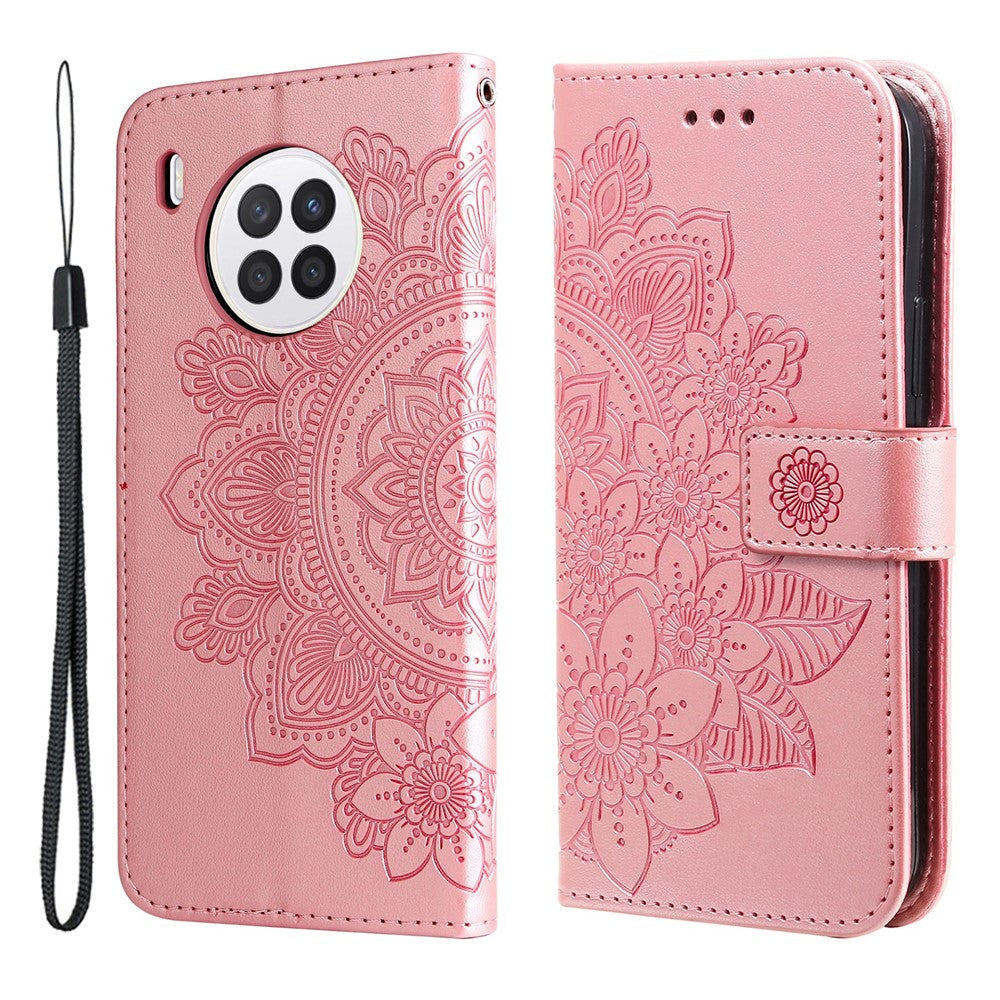 Practical Flip Shell Card Slots Imprinted Flower Pattern TPU+PU Leather Stand Wallet Cover Case with Lanyard for Huawei nova 8i/Honor 50 Lite
