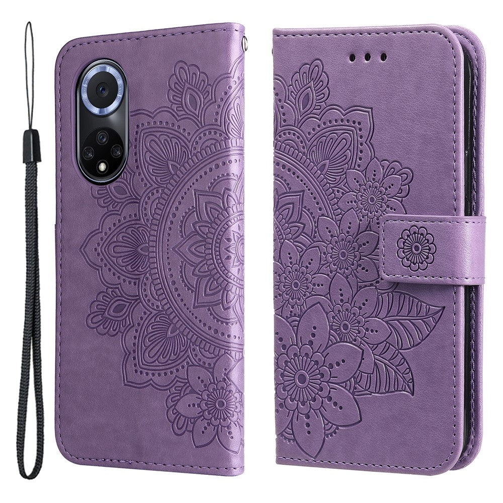 Imprinted Flower Pattern Soft TPU+PU Leather Stand Wallet Cover Case with Lanyard for Huawei nova 9/Honor 50