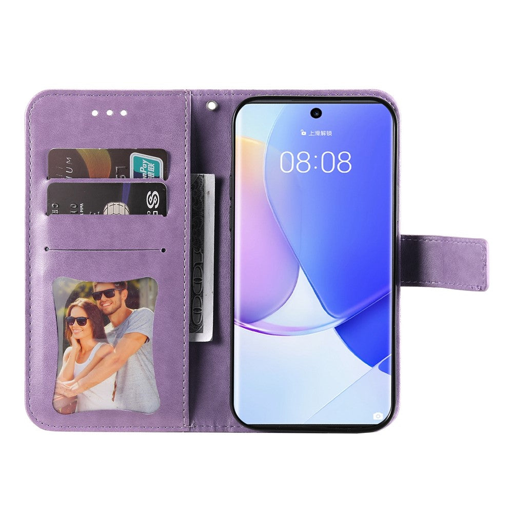 Imprinted Flower Pattern Soft TPU+PU Leather Stand Wallet Cover Case with Lanyard for Huawei nova 9/Honor 50
