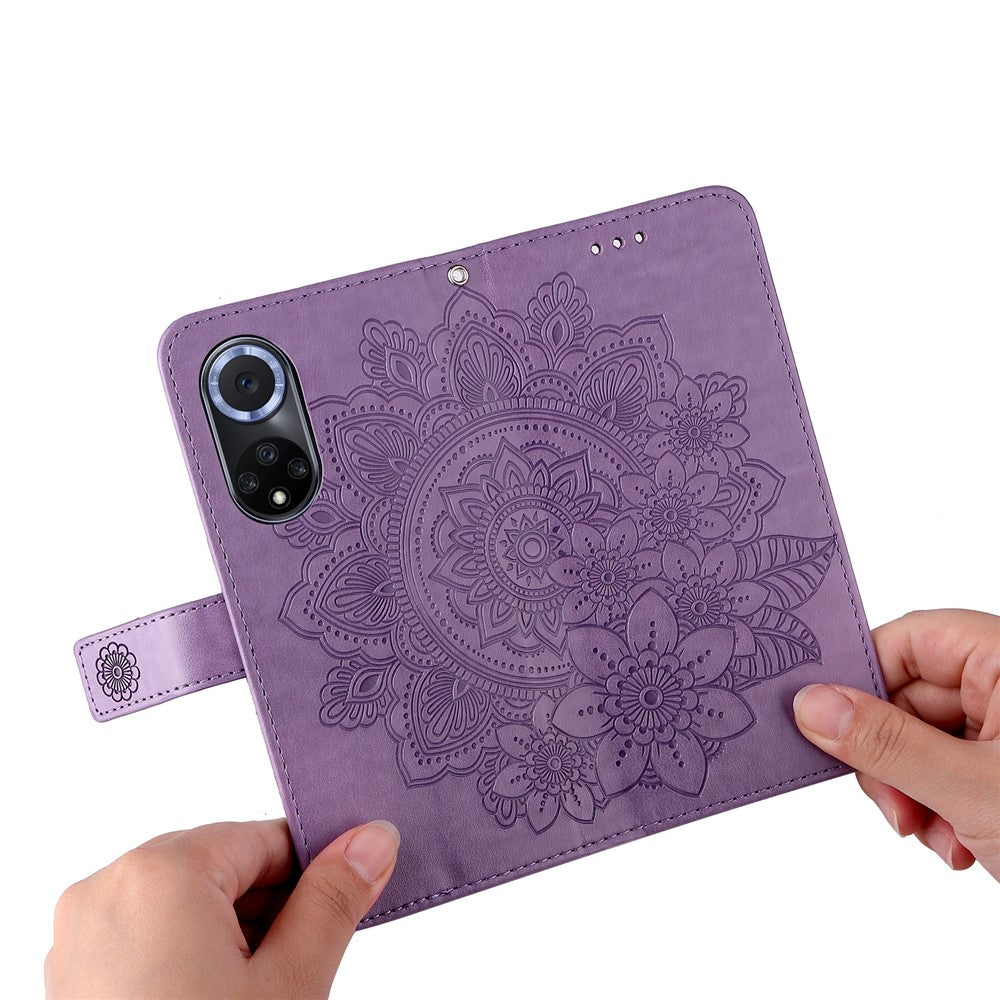 Imprinted Flower Pattern Soft TPU+PU Leather Stand Wallet Cover Case with Lanyard for Huawei nova 9/Honor 50