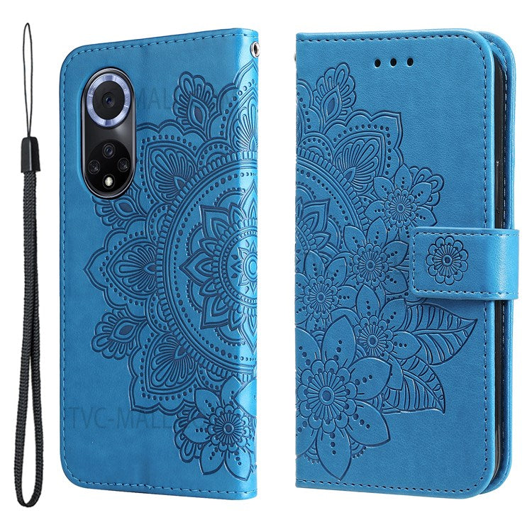 Imprinted Flower Pattern Soft TPU+PU Leather Stand Wallet Cover Case with Lanyard for Huawei nova 9/Honor 50