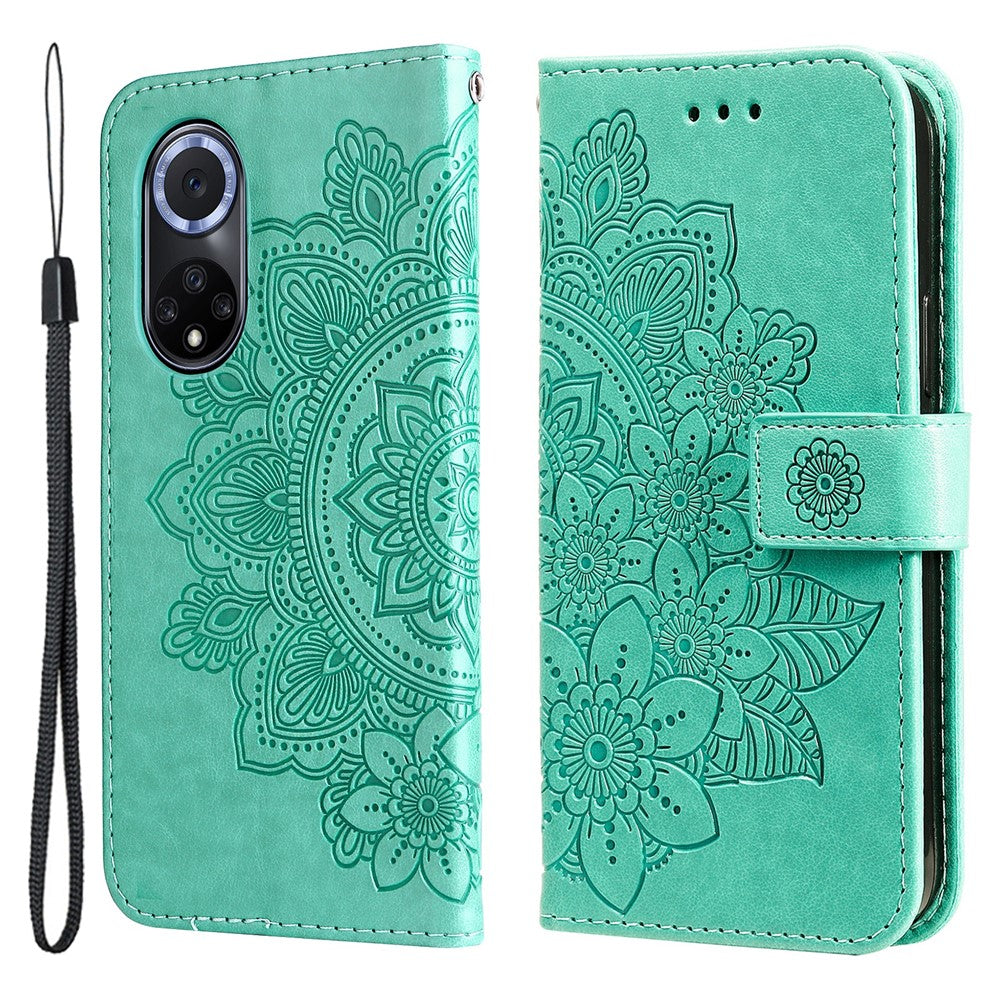 Imprinted Flower Pattern Soft TPU+PU Leather Stand Wallet Cover Case with Lanyard for Huawei nova 9/Honor 50