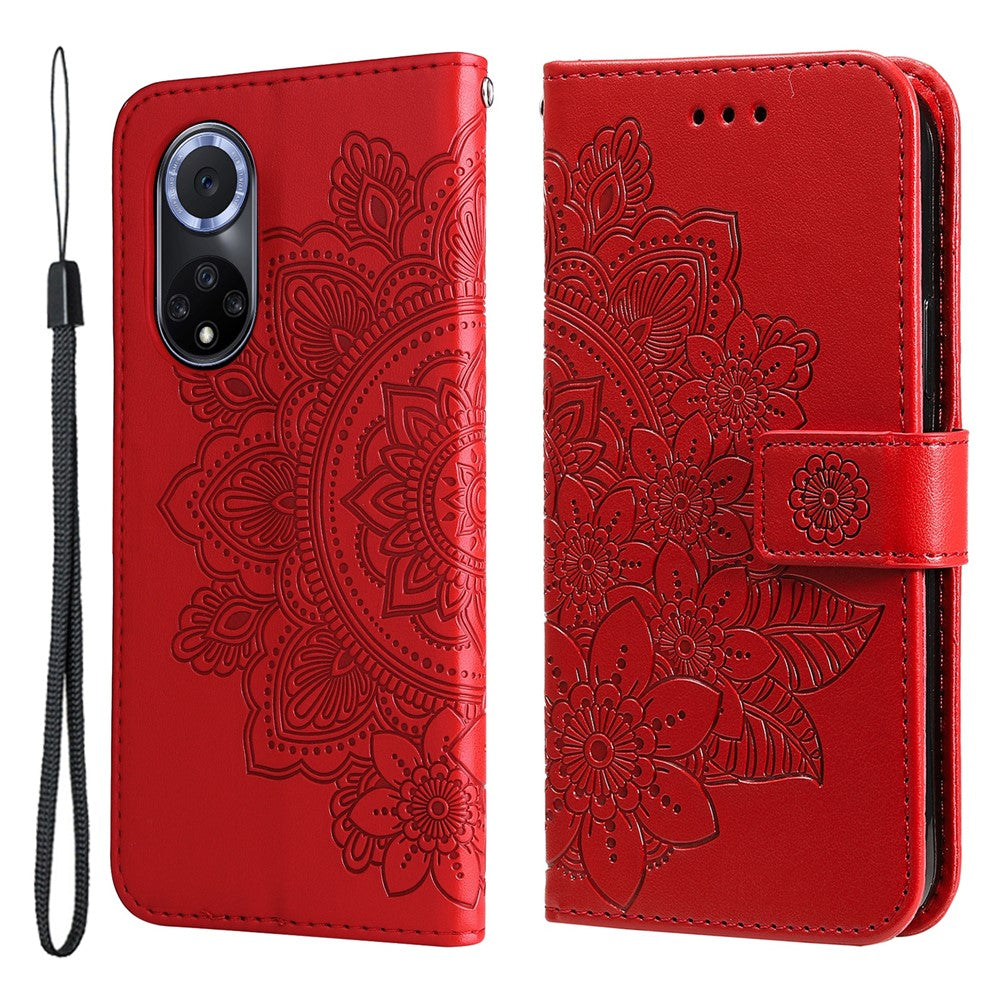 Imprinted Flower Pattern Soft TPU+PU Leather Stand Wallet Cover Case with Lanyard for Huawei nova 9/Honor 50