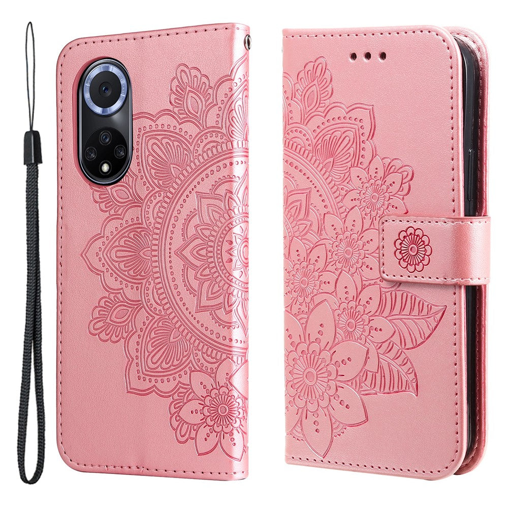 Imprinted Flower Pattern Soft TPU+PU Leather Stand Wallet Cover Case with Lanyard for Huawei nova 9/Honor 50