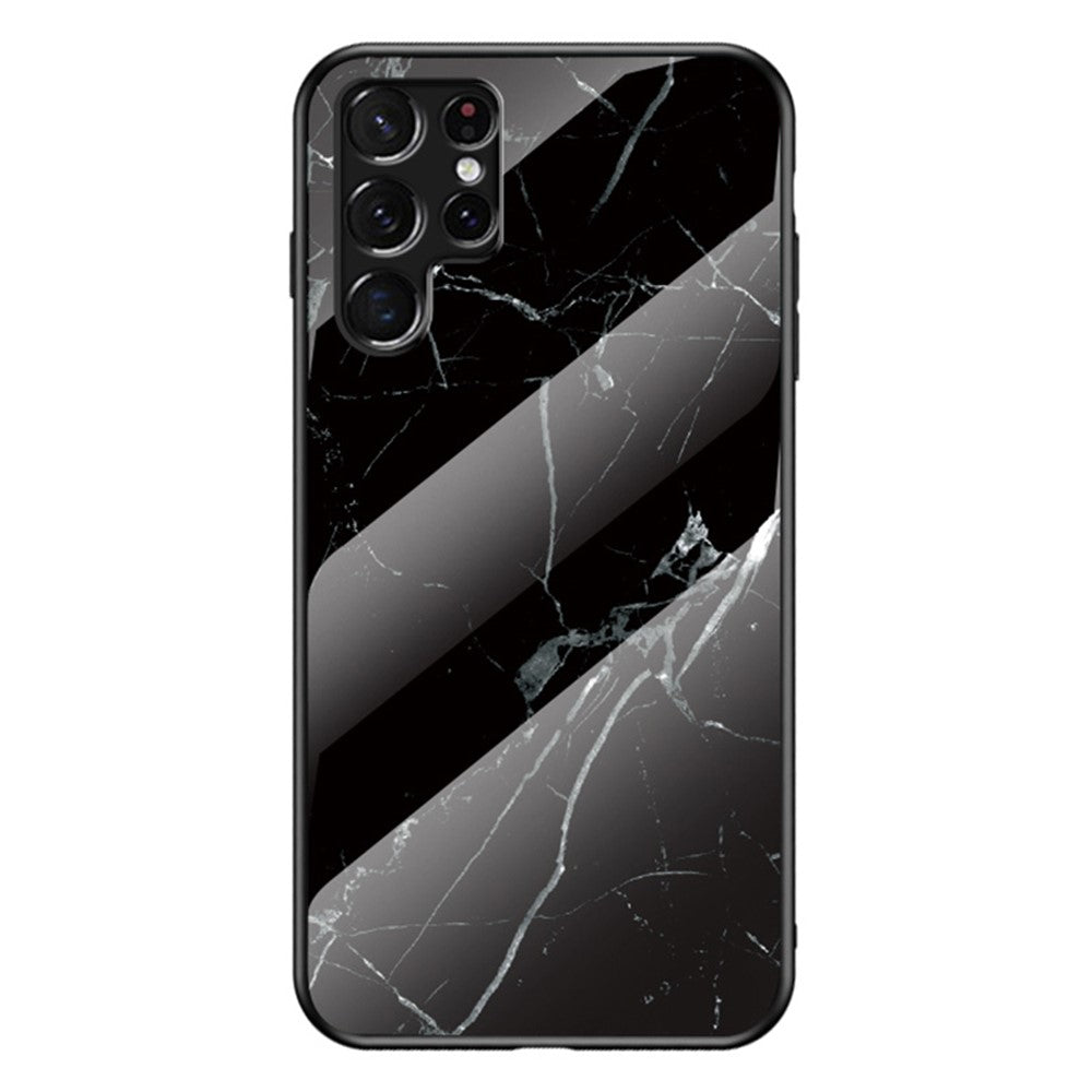 Anti-Scratch Marble Pattern Tempered Glass Back Soft TPU Frame Hybrid Shell for Samsung Galaxy S22 Ultra 5G