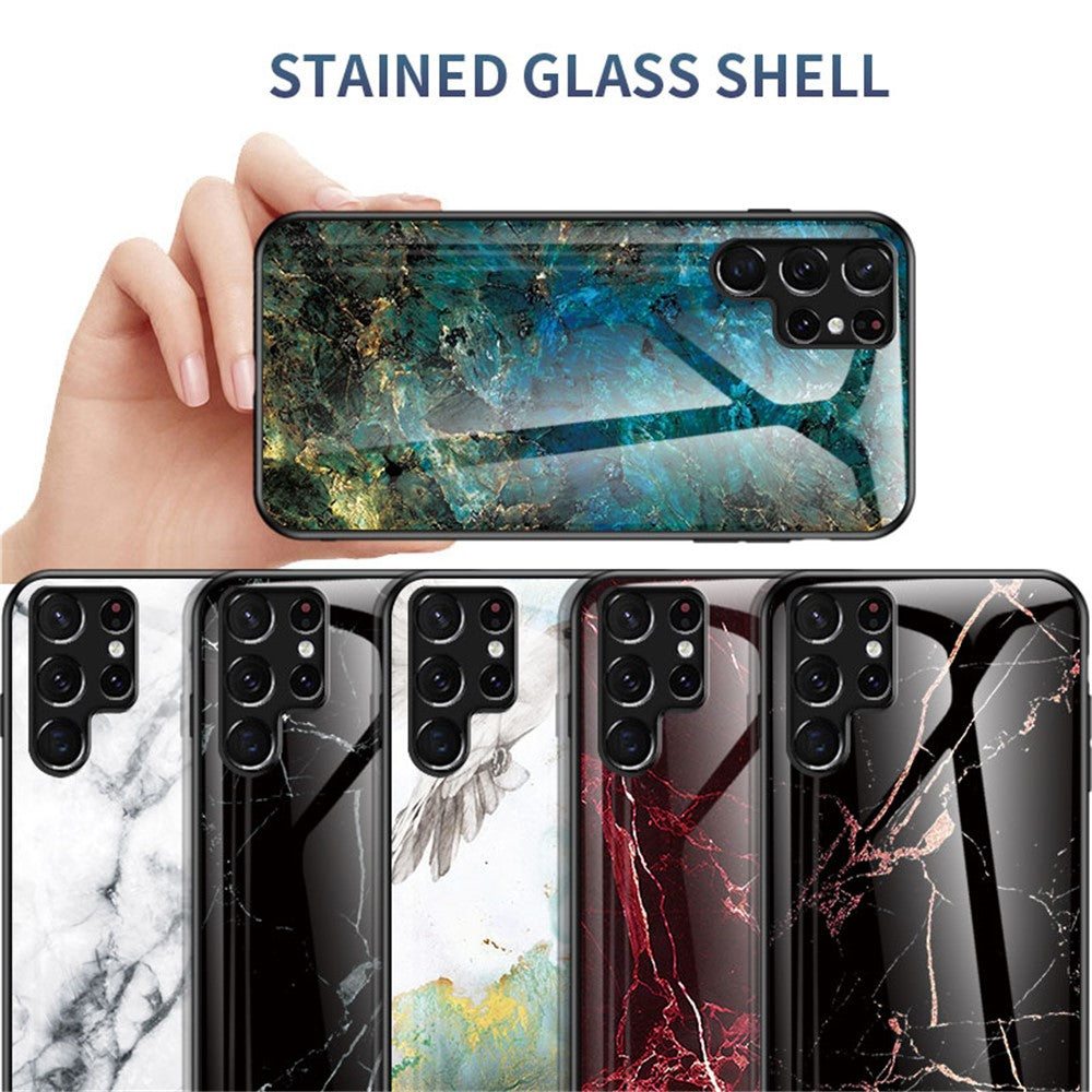 Anti-Scratch Marble Pattern Tempered Glass Back Soft TPU Frame Hybrid Shell for Samsung Galaxy S22 Ultra 5G