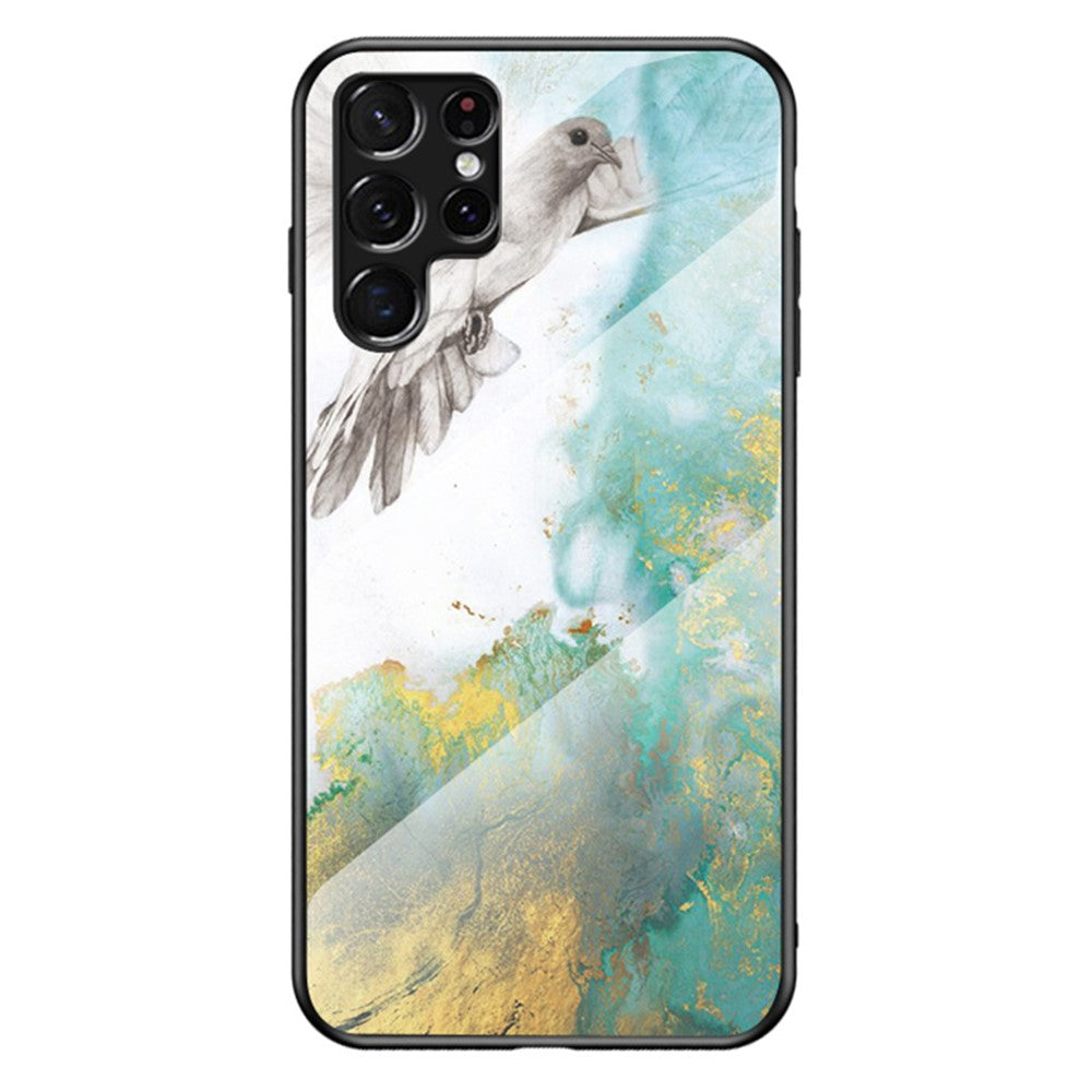 Anti-Scratch Marble Pattern Tempered Glass Back Soft TPU Frame Hybrid Shell for Samsung Galaxy S22 Ultra 5G