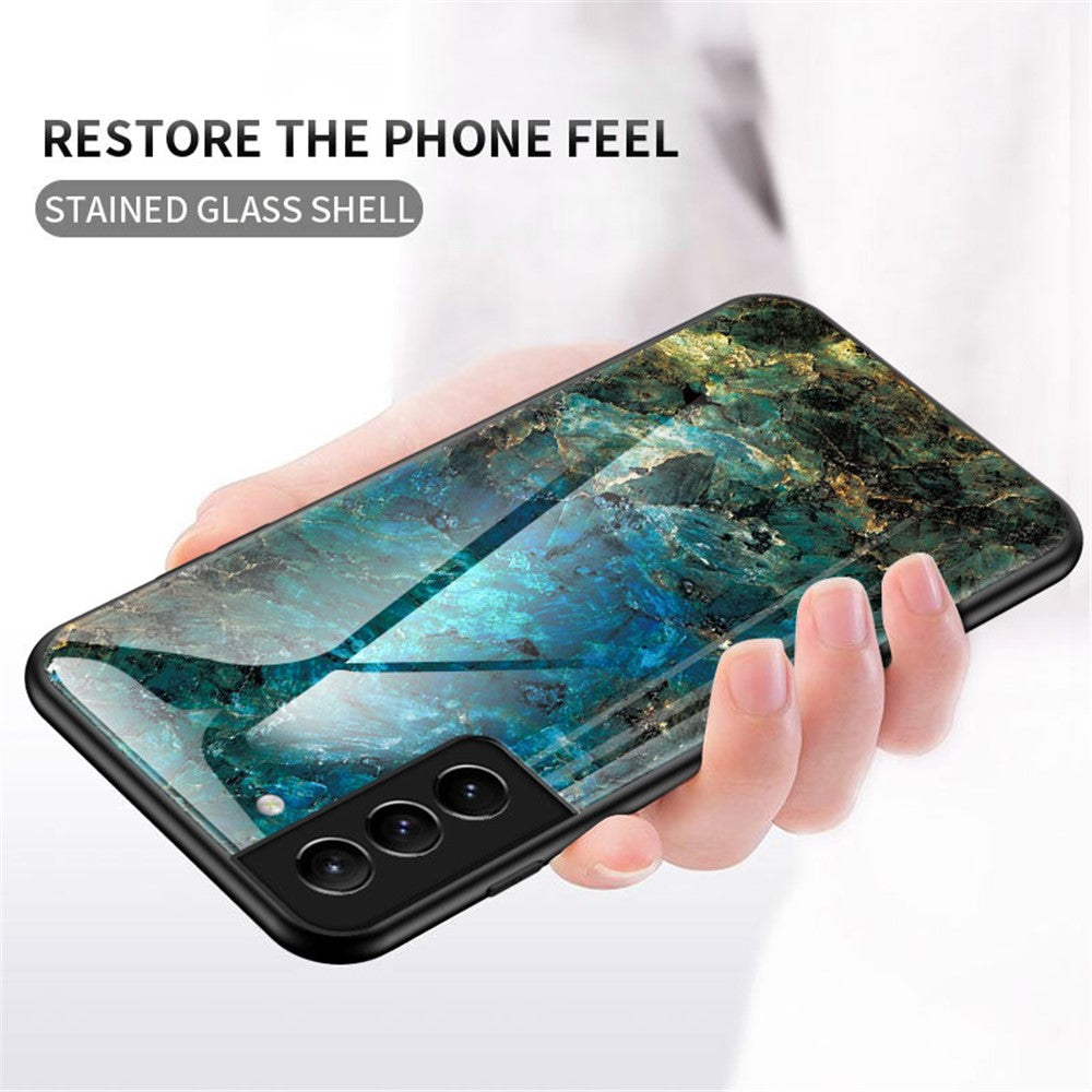 Marmormønster, design, blød TPU-kofangerramme, skin, hårdt hærdet glasbagcover til Samsung Galaxy S22 5G