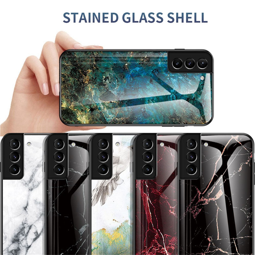 Marmormønster, design, blød TPU-kofangerramme, skin, hårdt hærdet glasbagcover til Samsung Galaxy S22 5G