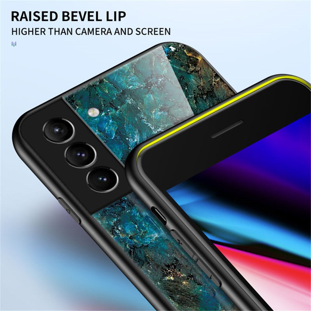 Marmormønster, design, blød TPU-kofangerramme, skin, hårdt hærdet glasbagcover til Samsung Galaxy S22 5G