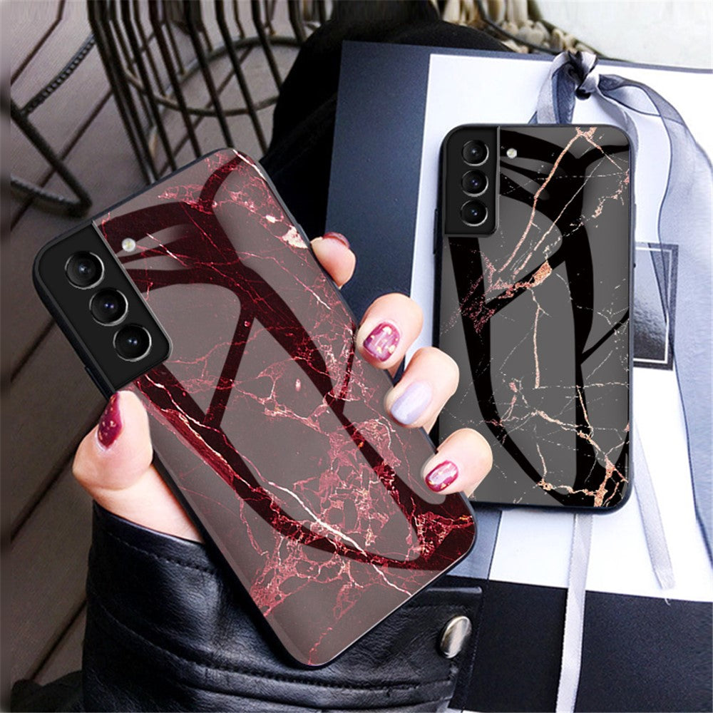 Marmormønster, design, blød TPU-kofangerramme, skin, hårdt hærdet glasbagcover til Samsung Galaxy S22 5G