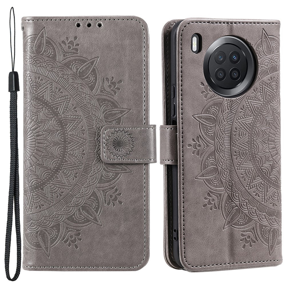Imprinted Mandala Flower Full Protection PU Leather + Soft TPU Stand Wallet Phone Case with Strap for Huawei nova 8i